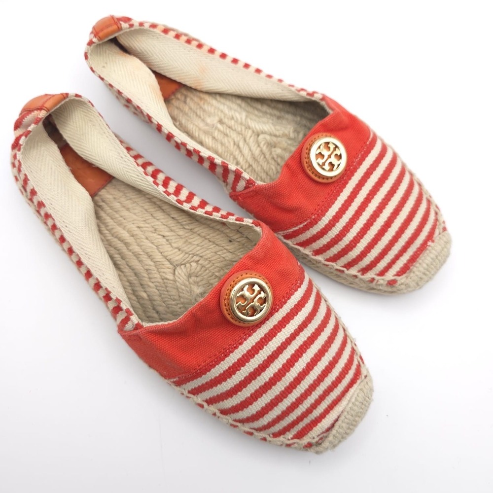 Tory Burch Striped Canvas Espadrilles Red Cream Logo Round Toe Flat Shoes 8 - Picture 4 of 10